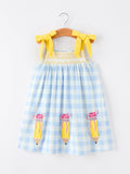 Girls Back To School Pencil Plaid Dress Bow Applique Smocked - 1