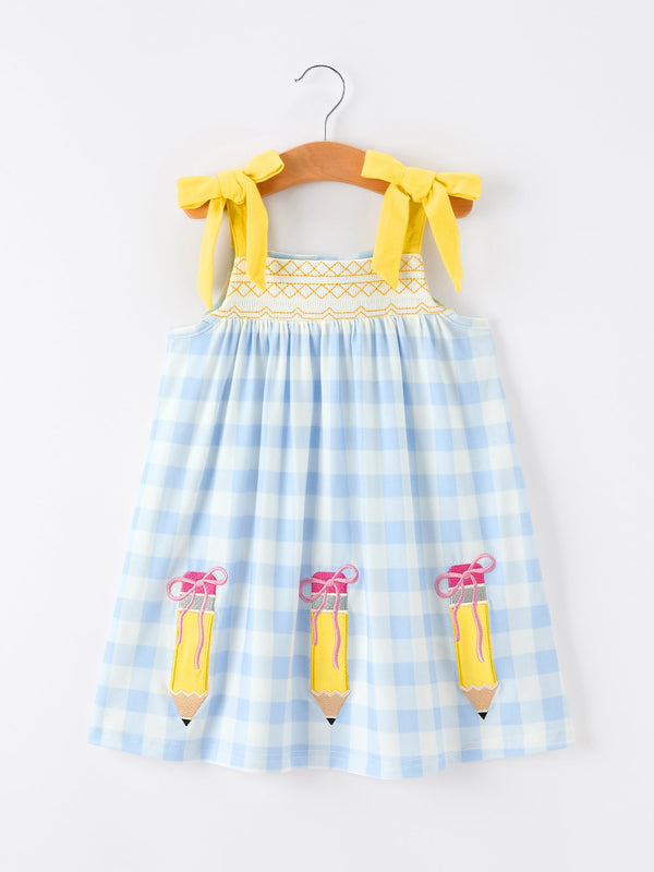 Girls Back To School Pencil Plaid Dress Bow Applique Smocked