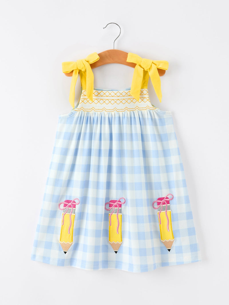 Girls Back To School Pencil Plaid Dress Bow Applique Smocked - 1