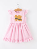 Girls Back To School Bow Twirl Dress Ruffle Applique Pink - 1