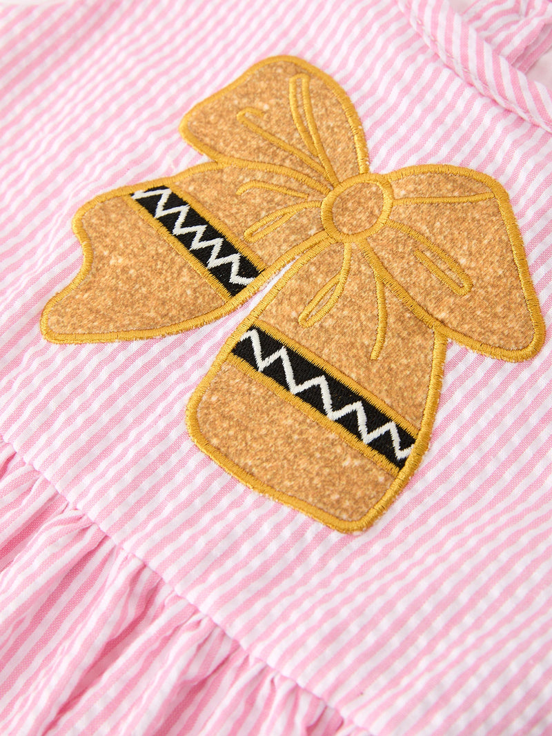 Girls Back To School Bow Twirl Dress Ruffle Applique Pink - 3
