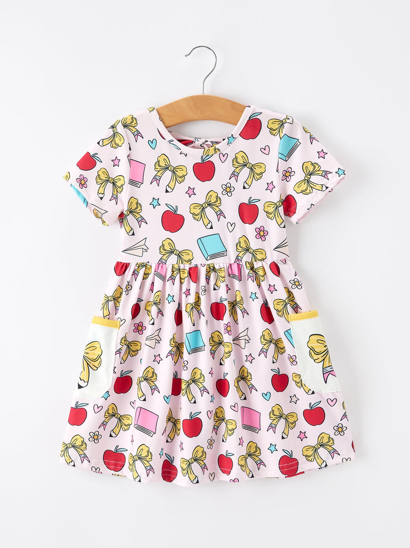 Girls Apple Bow Pocket Twirl Dress - 1