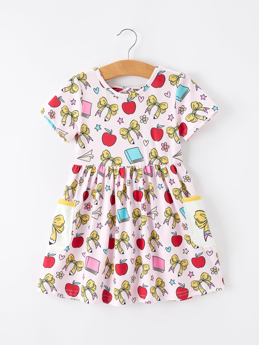 Girls Apple Bow Pocket Twirl Dress