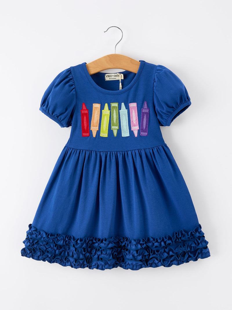 Girls Back To School Crayon Twirl Dress Ruffle Applique - 6