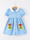Girls Back To School Pencil Dress Petals Collar Pocket Applique - 1