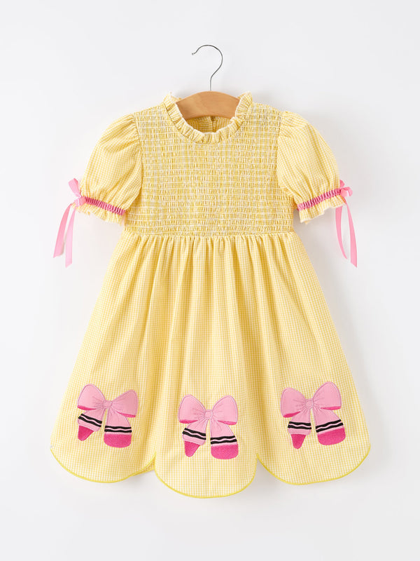 Girls Yellow Pencil Bow Smocked Twirl Dress