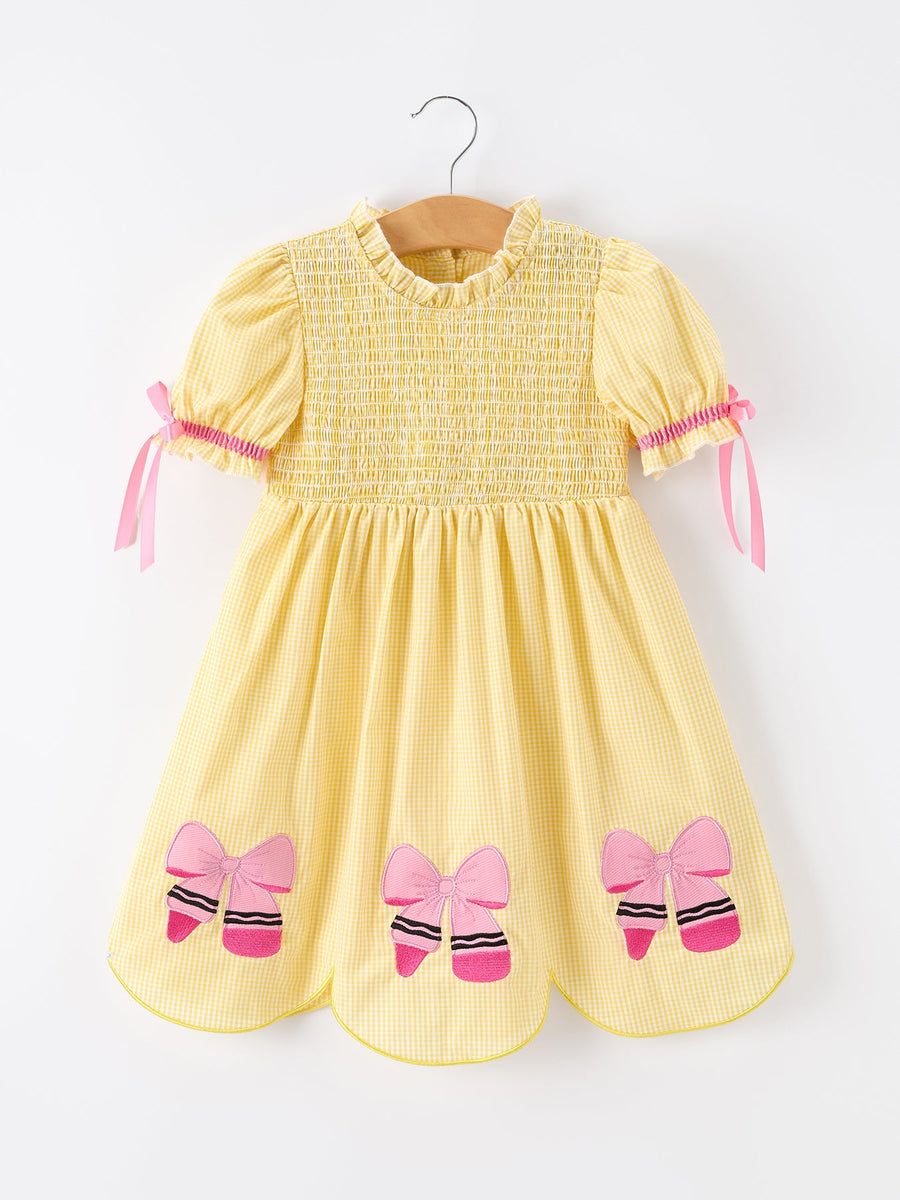 Girls Yellow Pencil Bow Smocked Twirl Dress