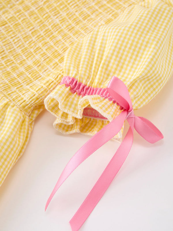 Girls Yellow Pencil Bow Smocked Twirl Dress