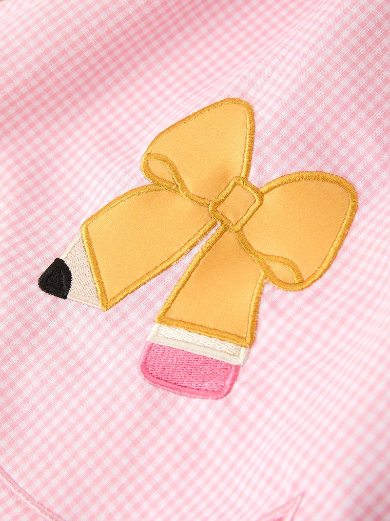 Girls Back To School Pencil Twirl Dress Bow Applique Smocked - 11