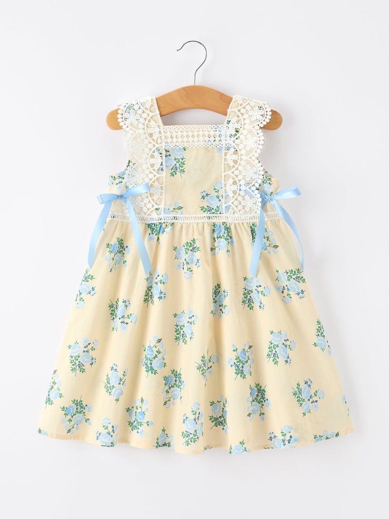 Lace-trimmed Bow Girls' Dress-Pink/Blue - 7