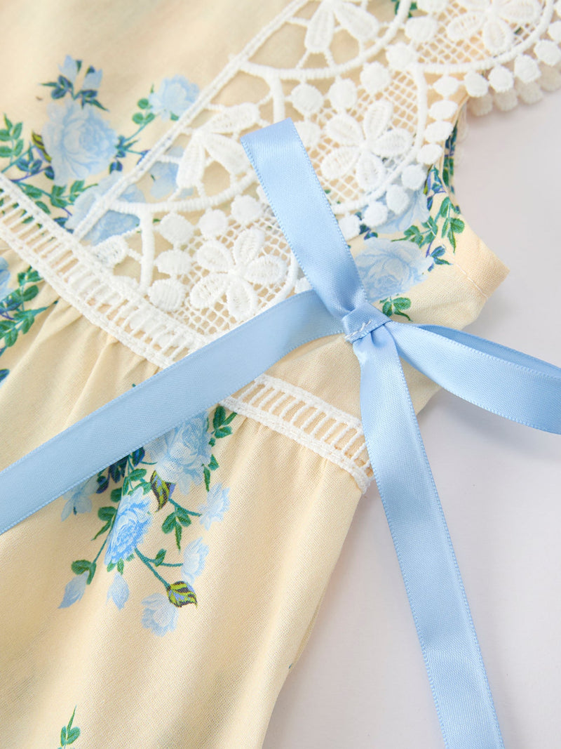 Lace-trimmed Bow Girls' Dress-Pink/Blue - 10