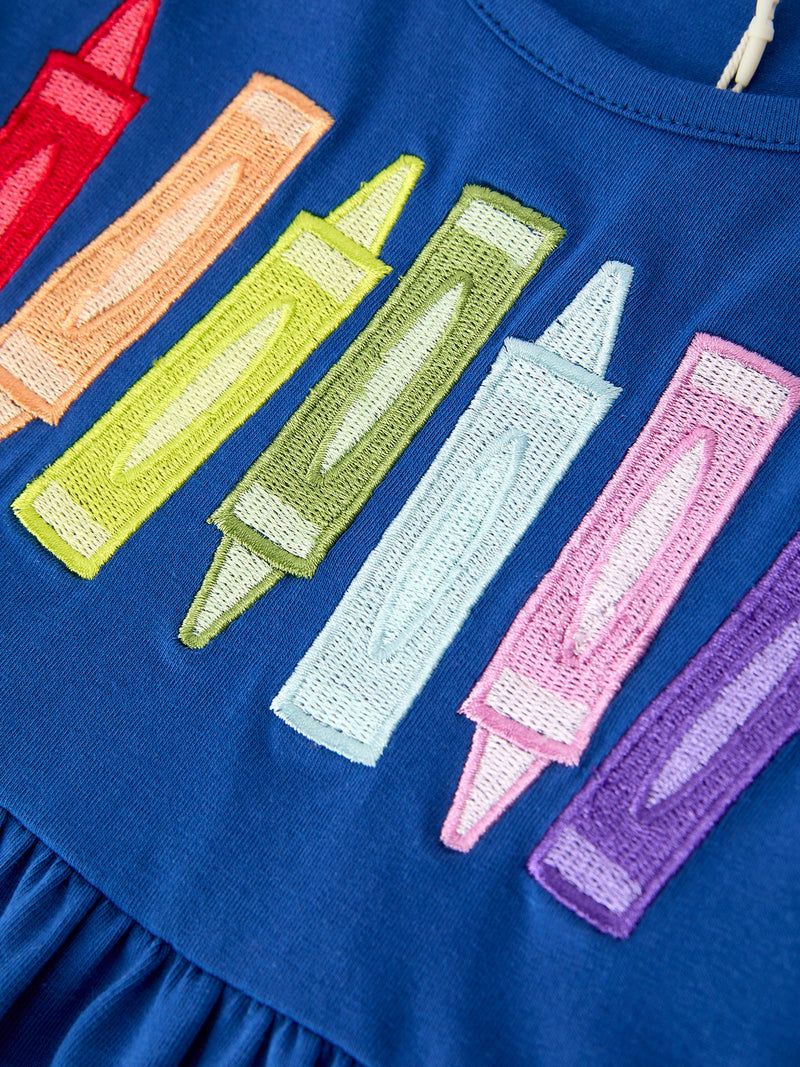 Girls Back To School Crayon Twirl Dress Ruffle Applique - 8