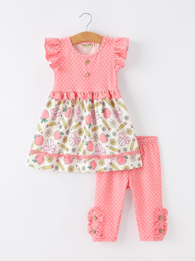 Girls Back To School Apple Pencil Polka Dot Dress Leggings Set - 1