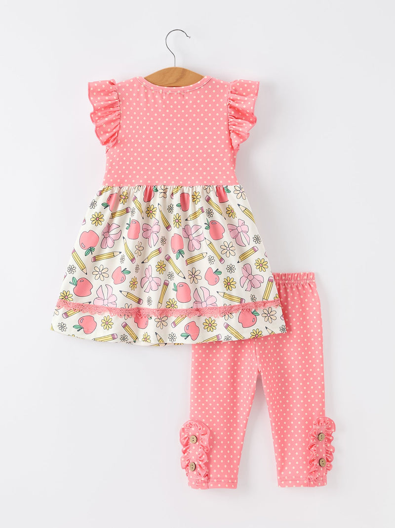 Girls Back To School Apple Pencil Polka Dot Dress Leggings Set - 2