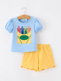 Girls Back To School Crayon Applique Top Shorts Set - 1