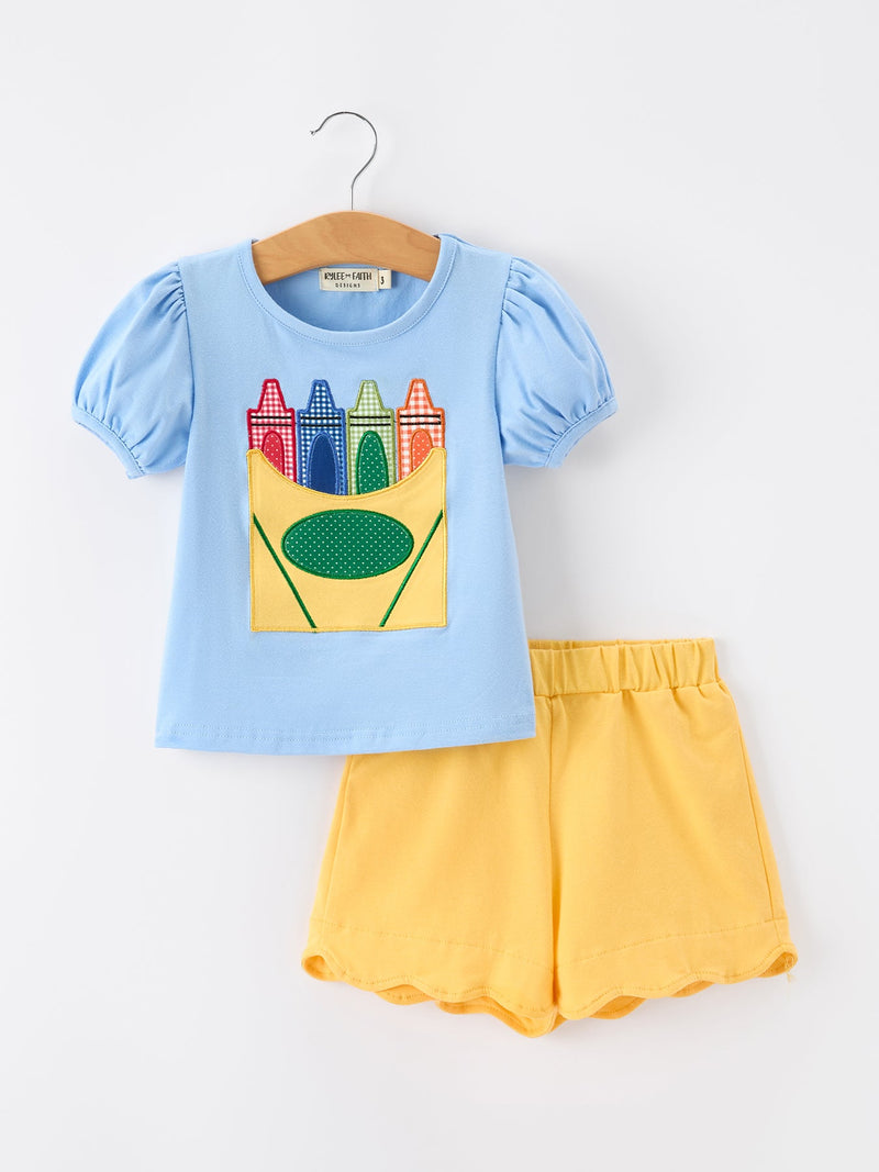 Girls Back To School Crayon Applique Top Shorts Set - 1