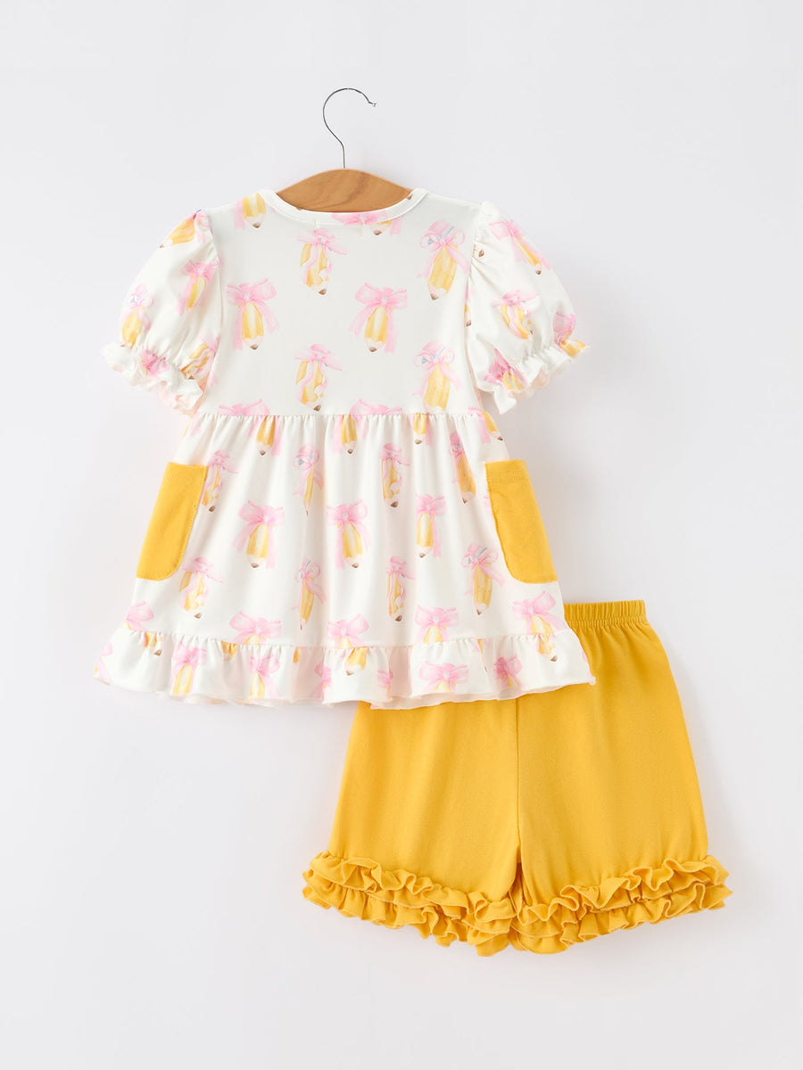 Girls Back To School Pencil Bow Ruffle Top & Shorts Set