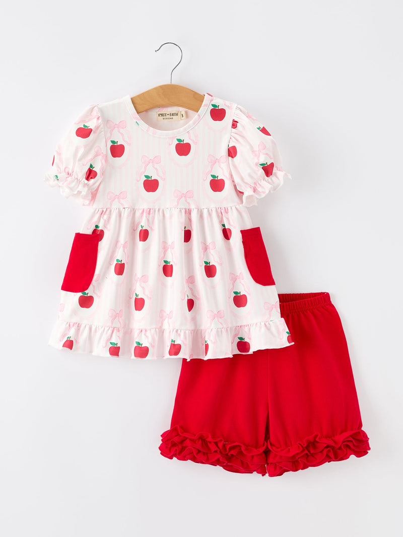 Girls Back To School Apple Bow Pocket Ruffle Top Shorts Set - 1