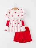 Girls Back To School Apple Bow Pocket Ruffle Top Shorts Set - 2