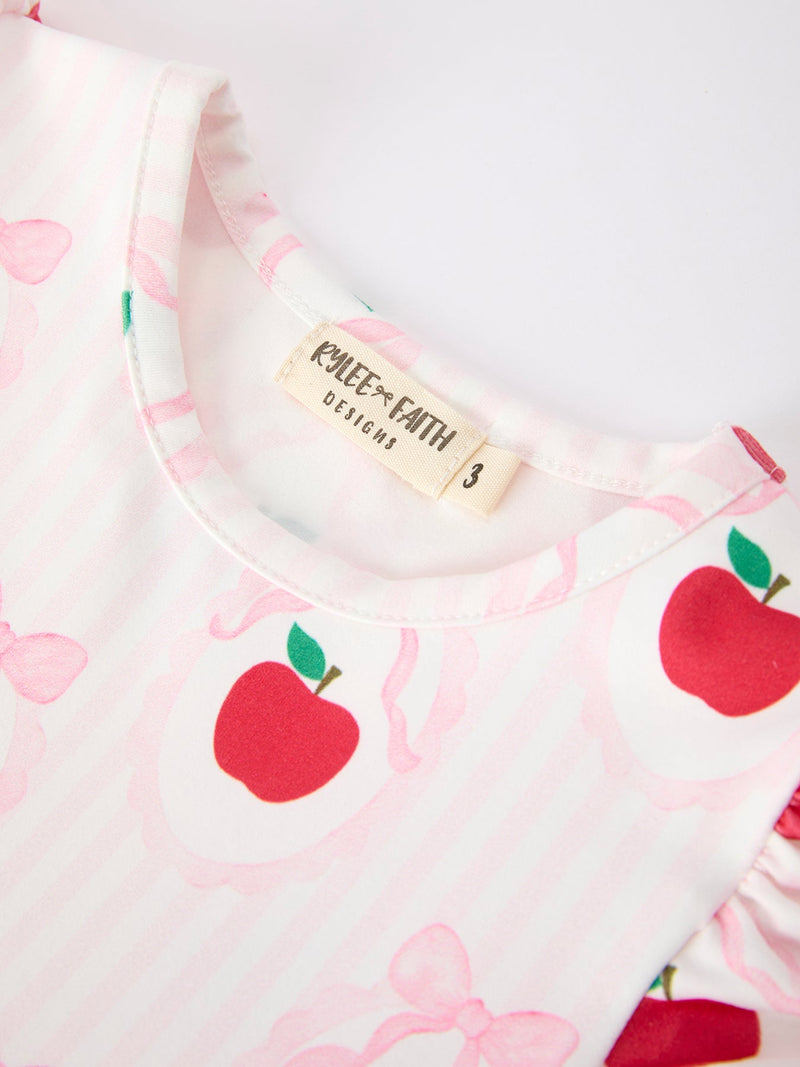 Girls Back To School Apple Bow Pocket Ruffle Top Shorts Set - 4