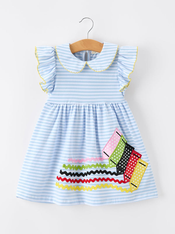 Back To School Girls Stripe Pencil Applique Bow Dress