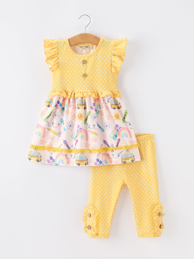 Girls Back To School Rainbow School Bus Ruffle Dress Leggings Set - 1