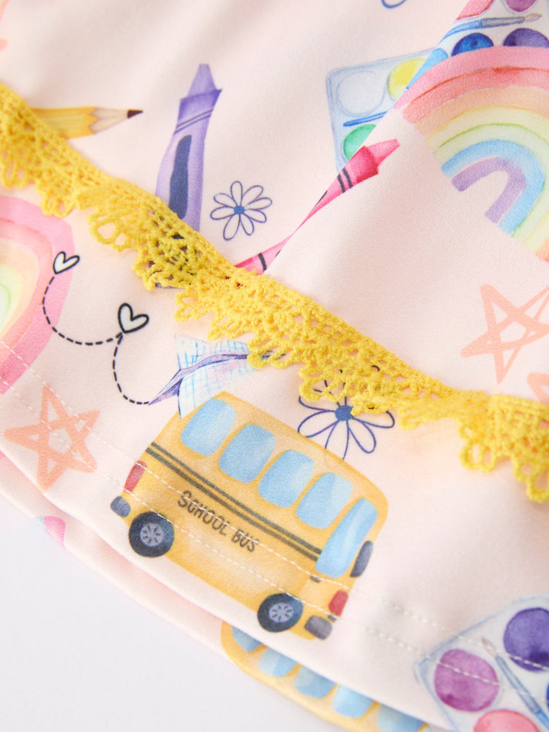 Girls Back To School Rainbow School Bus Ruffle Dress Leggings Set - 5