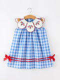 Girls 4th of July Plaid Twirl Dress Bow Embroidery Petals Collar - 1