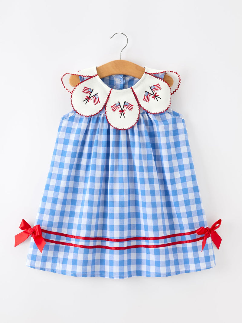 Girls 4th of July Plaid Twirl Dress Bow Embroidery Petals Collar - 1