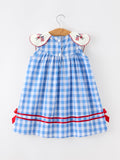 Girls 4th of July Plaid Twirl Dress Bow Embroidery Petals Collar - 2