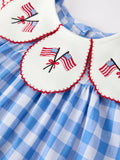 Girls 4th of July Plaid Twirl Dress Bow Embroidery Petals Collar - 3