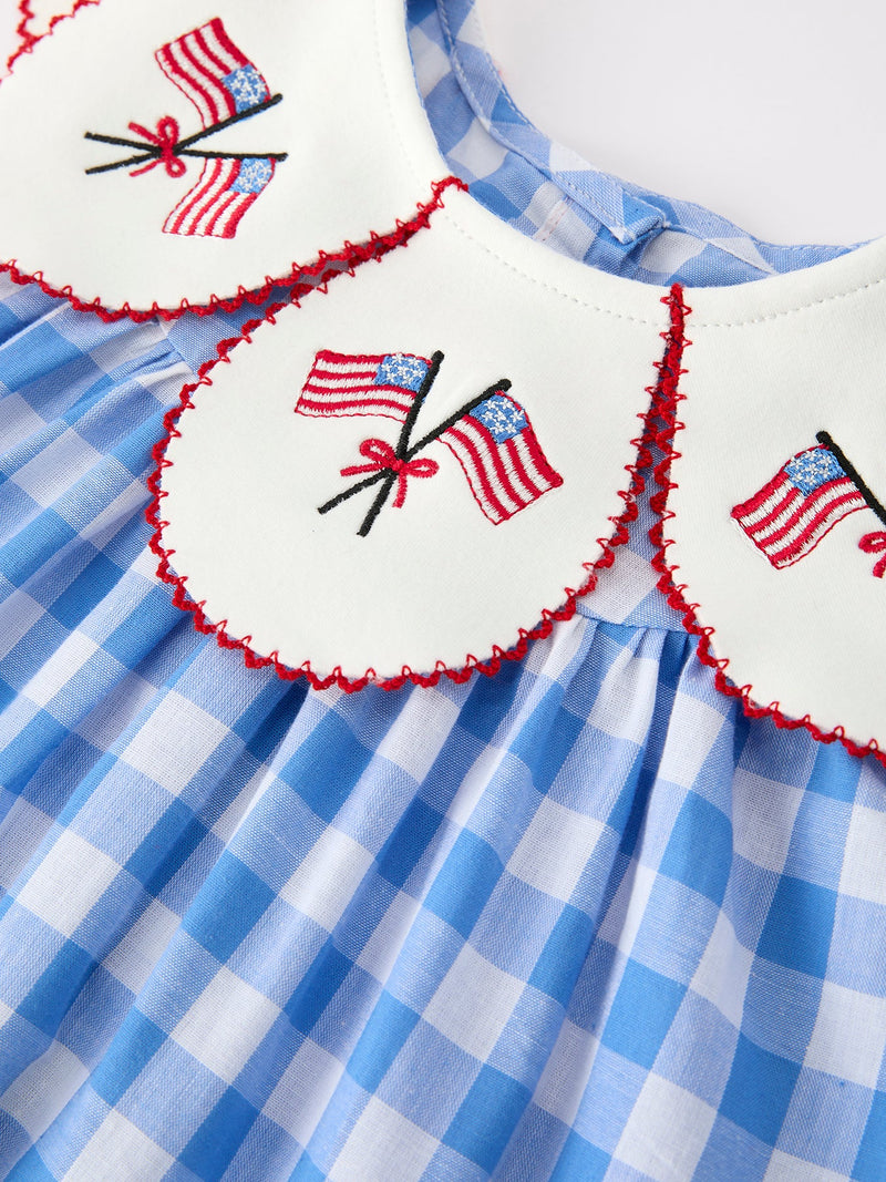 Girls 4th of July Plaid Twirl Dress Bow Embroidery Petals Collar - 3