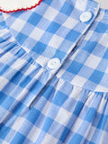 Girls 4th of July Plaid Twirl Dress Bow Embroidery Petals Collar - 5