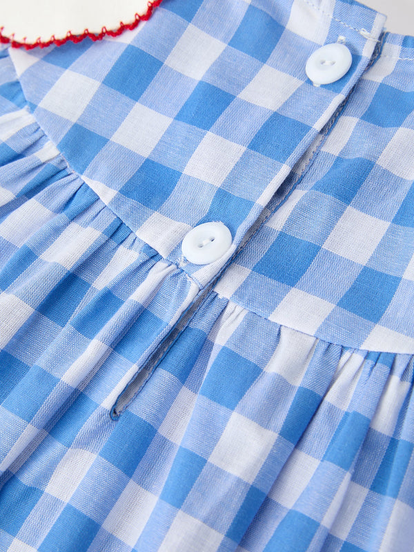 Girls 4th of July Plaid Twirl Dress Bow Embroidery Petals Collar