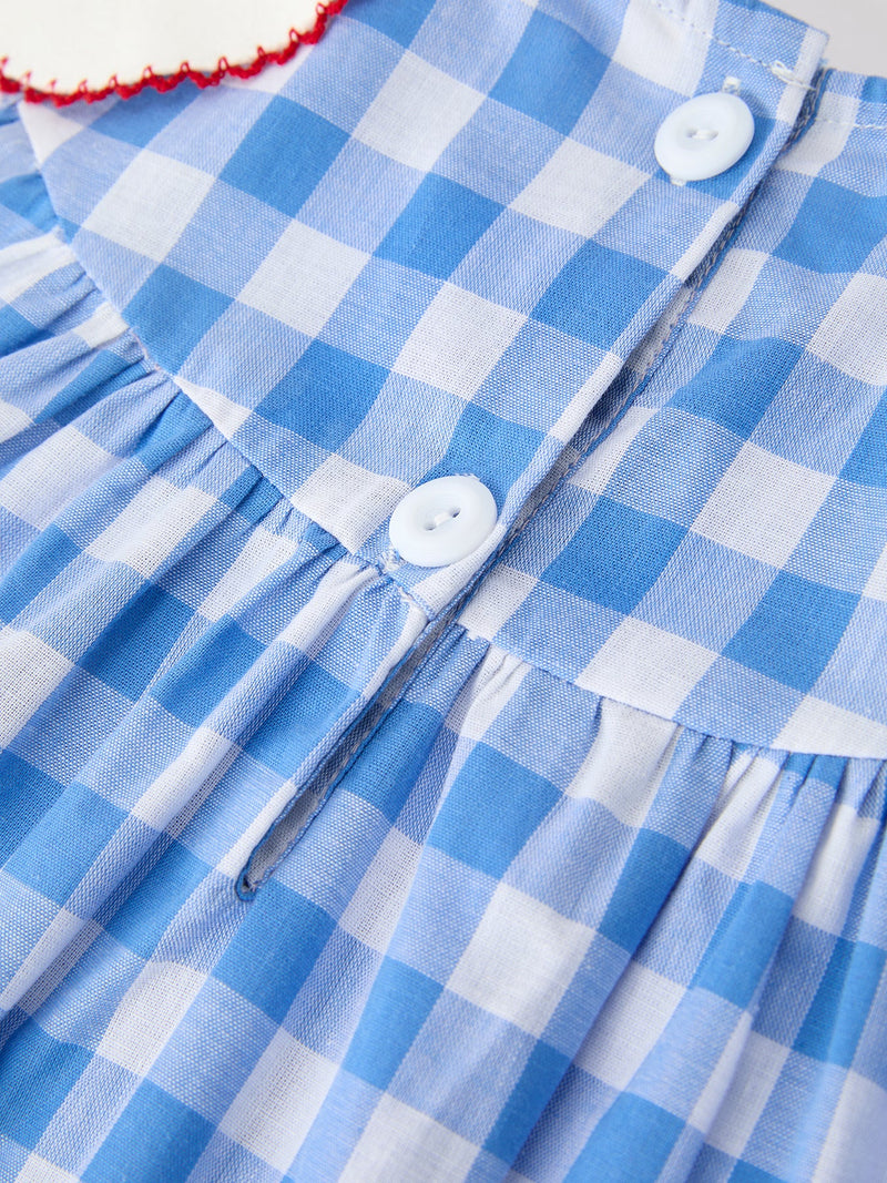 Girls 4th of July Plaid Twirl Dress Bow Embroidery Petals Collar - 5