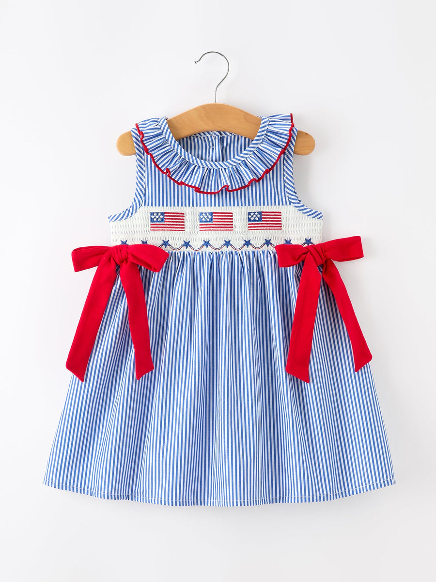 Girls 4th of July Flag Embroidered Plaid Twirl Dress