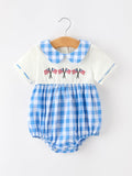 Boys 4th of July Plaid Romper Embroidery Petals Collar - 1