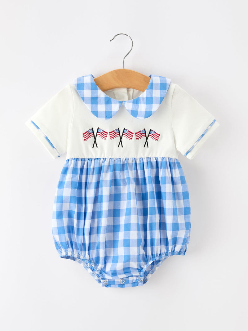 Boys 4th of July Plaid Romper Embroidery Petals Collar - 1