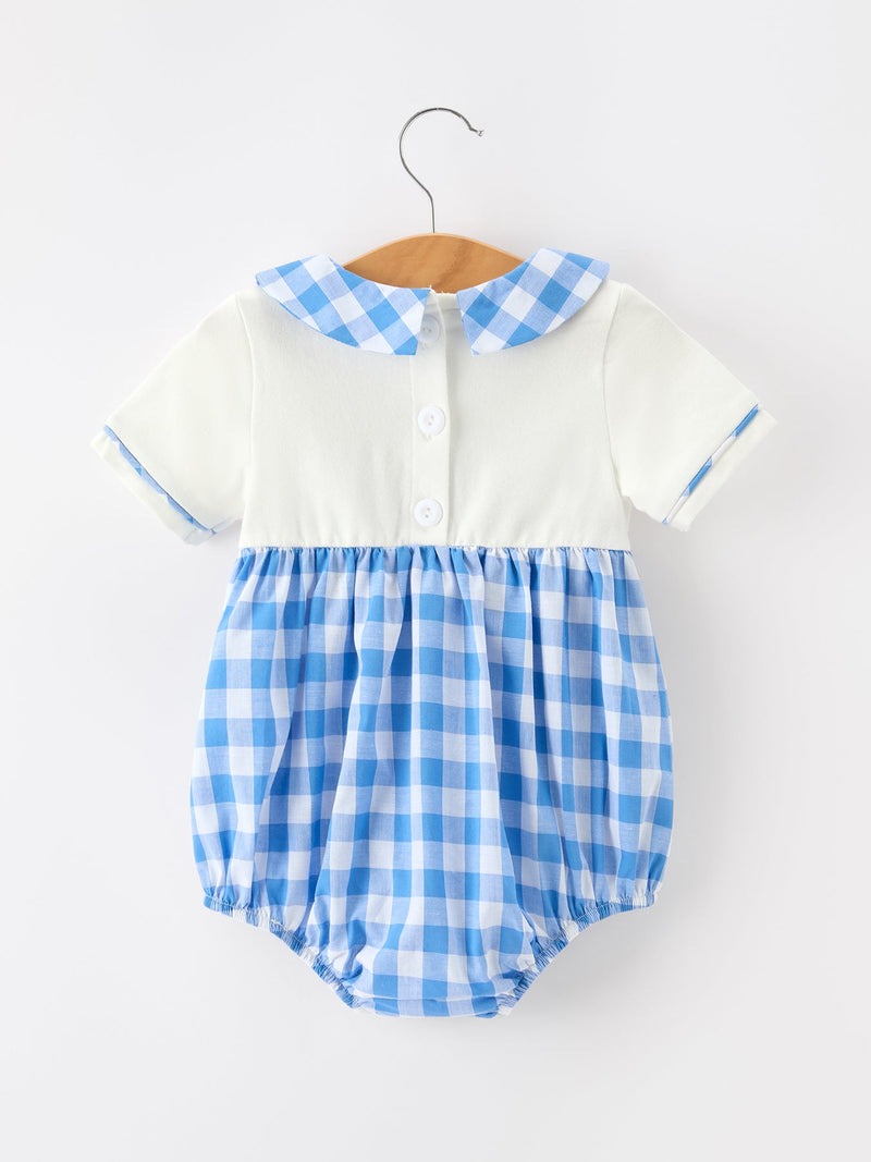 Boys 4th of July Plaid Romper Embroidery Petals Collar - 2
