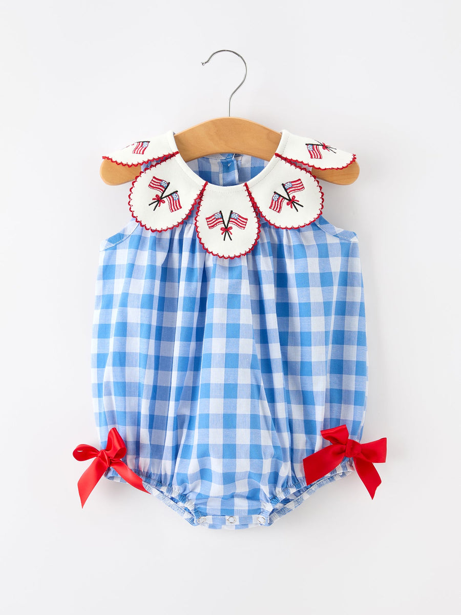 Girls 4th of July Plaid Peter Pan Collar Romper