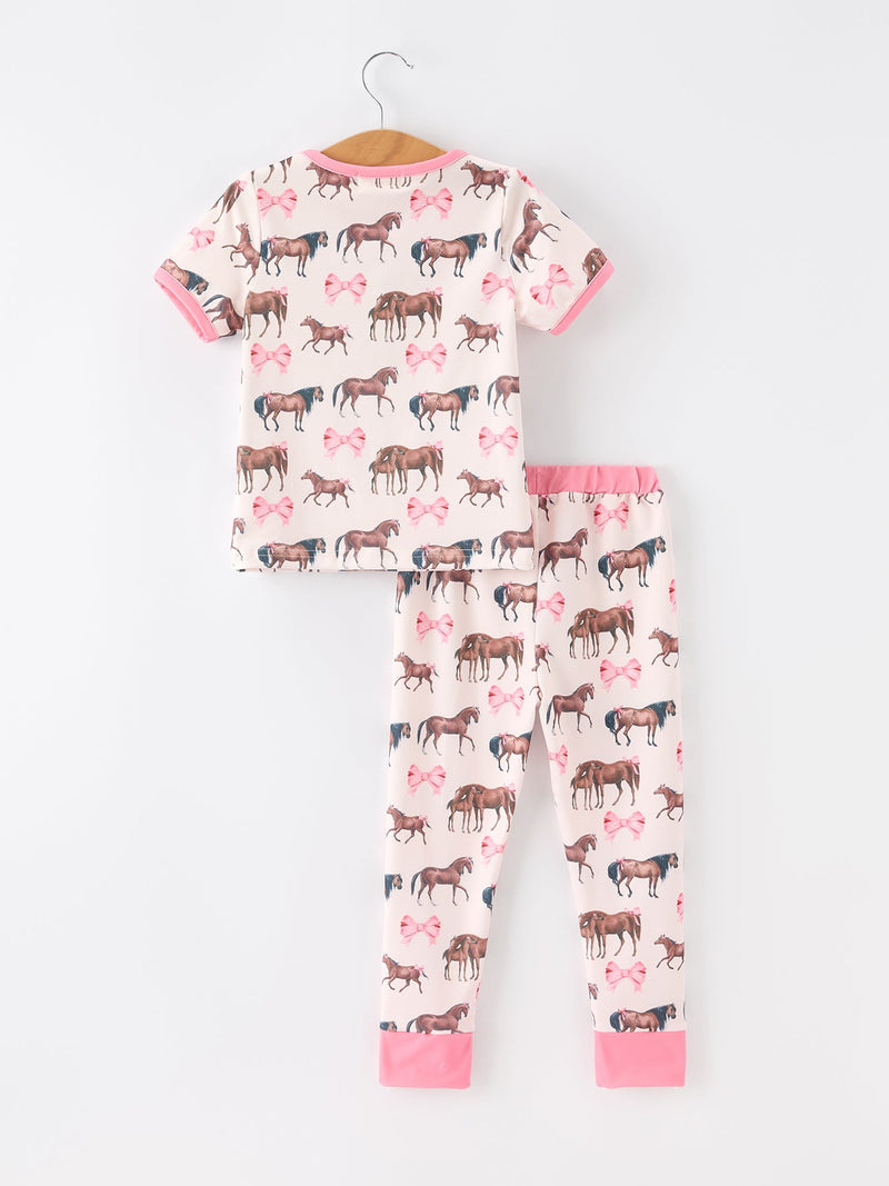 Girls Western Horse Bow Pajamas Set Print - 2