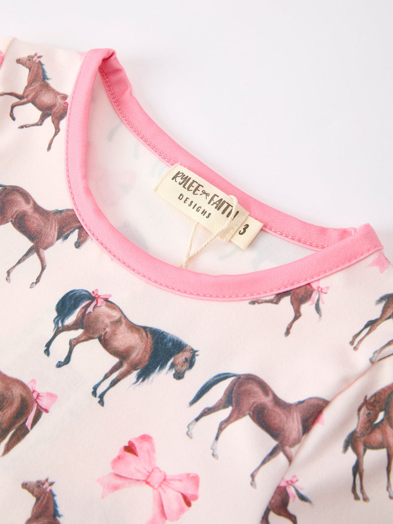 Girls Western Horse Bow Pajamas Set Print - 3