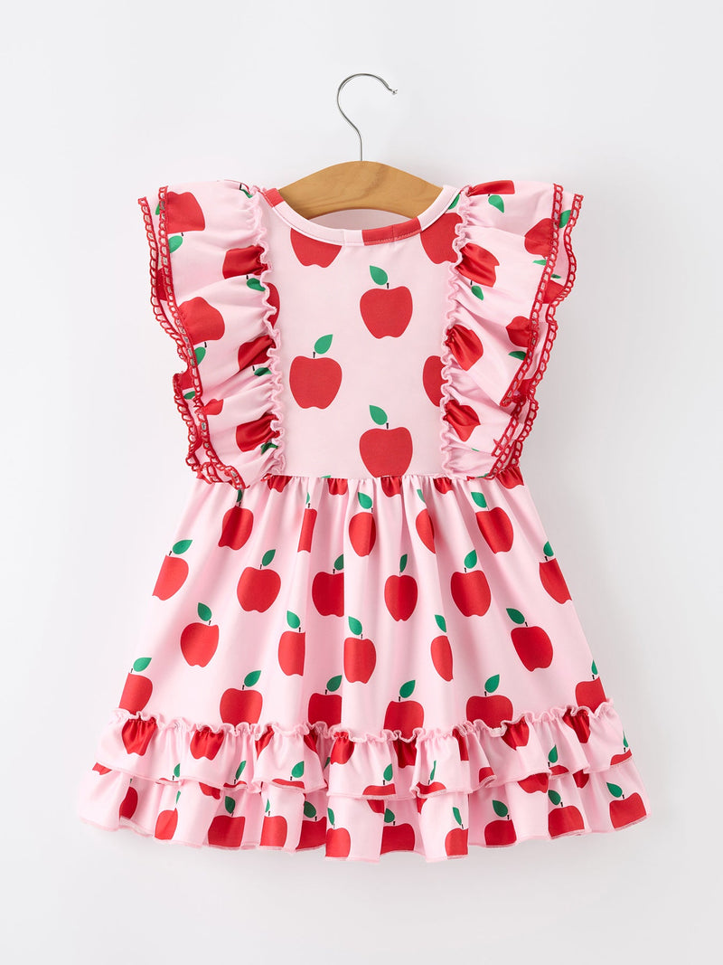 Girls Back To School Apple Twirl Dress Ruffle Flutter Sleeve - 2