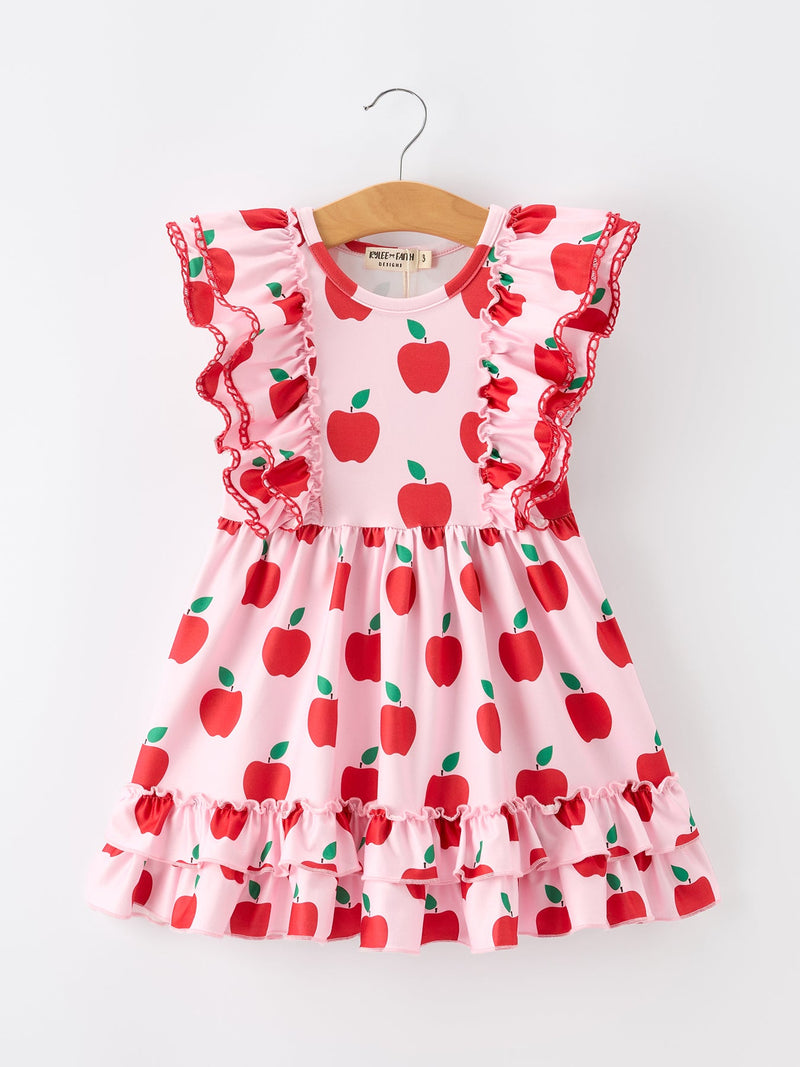 Girls Back To School Apple Twirl Dress Ruffle Flutter Sleeve - 1