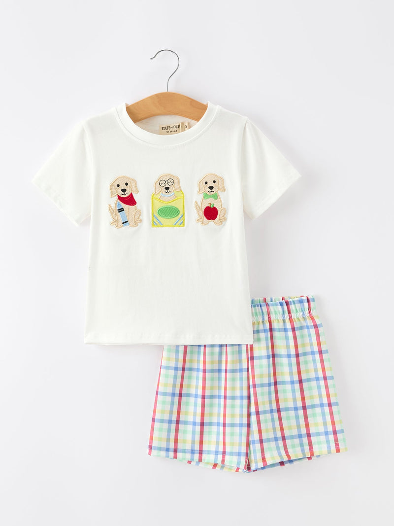 Boys Back To School Dog Plaid Short Set Applique - 4