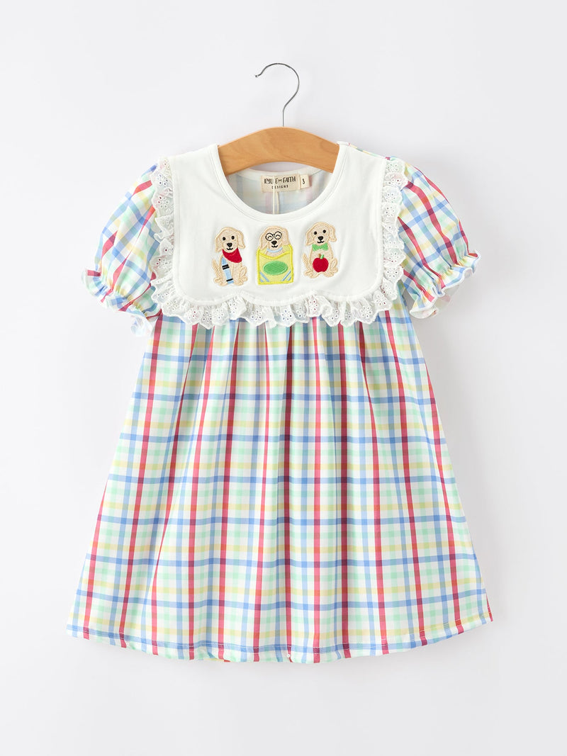 Girls Back To School Dog Plaid Twirl Dress - 1