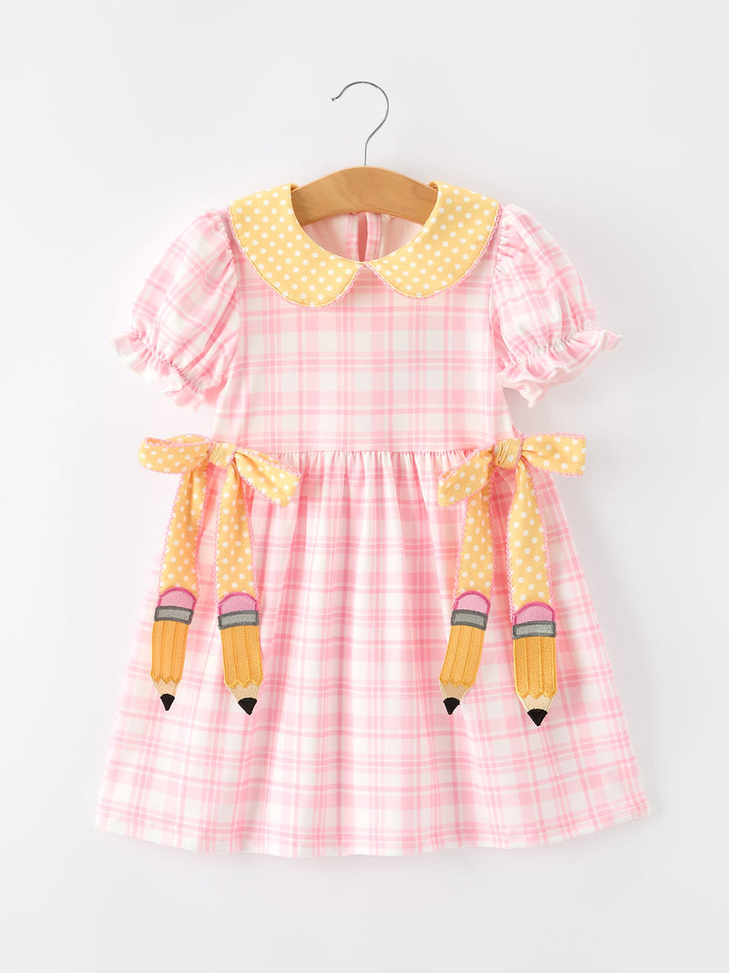 Girls Back To School Pencil Plaid Twirl Dress Bow Petals Collar - 1