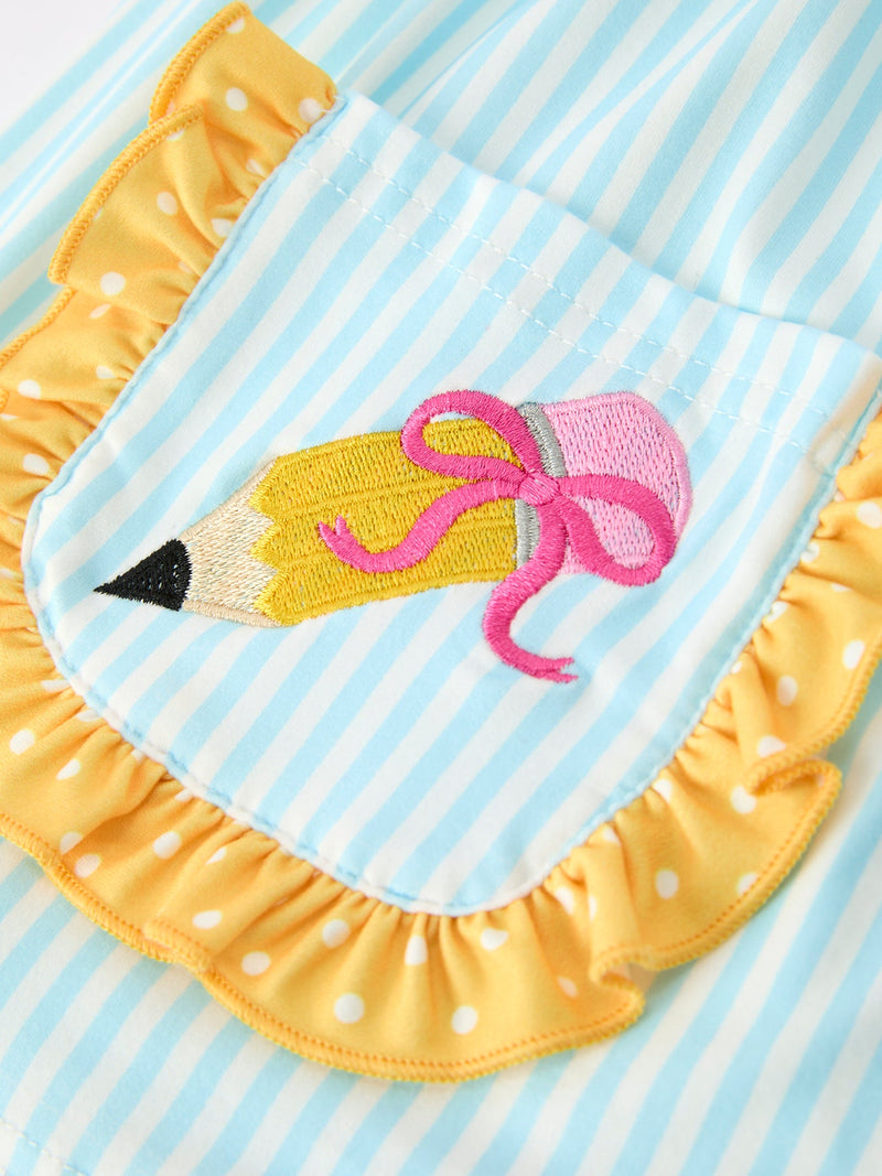 Girls Back To School Pencil Applique Top Leggings Set Pockets - 4