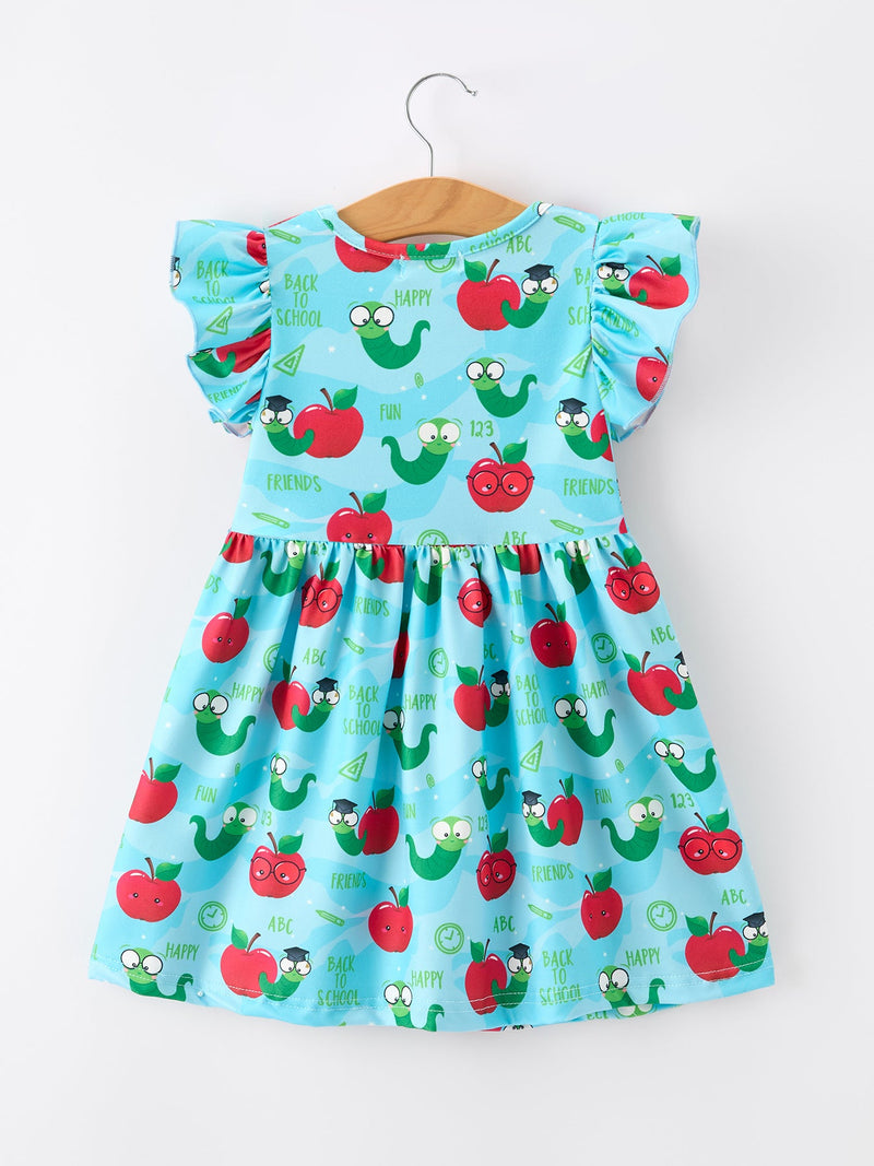 Girls Back To School Apple Worm Twirl Dress Ruffle Color Block - 2