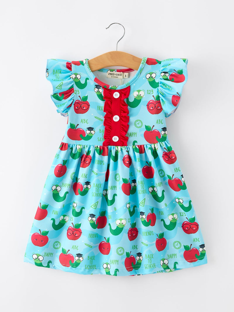 Girls Back To School Apple Worm Twirl Dress Ruffle Color Block - 1